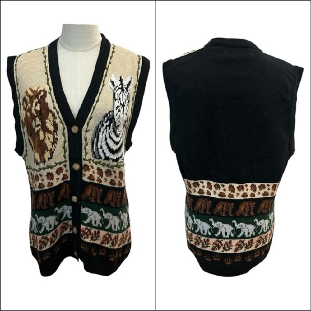 Vintage 90s Eagles Eye Safari Zebra Knit Vest Size L Lion Animal‎ Print African